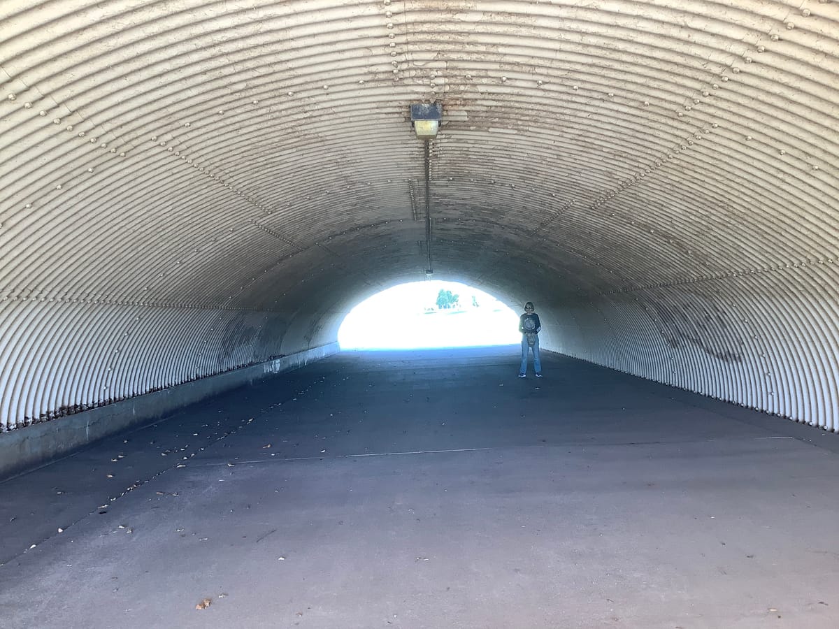 Photo of a tunnel with a light at the end. A person stands far down the tunnel.